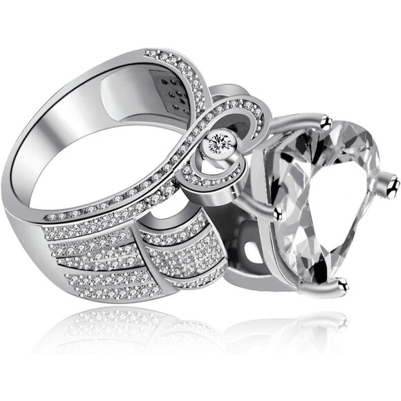 🆕 Women Silver Cubic Zirconia Ring Platinum Big Love Heart Statement Engagement - Picture 5 of 7